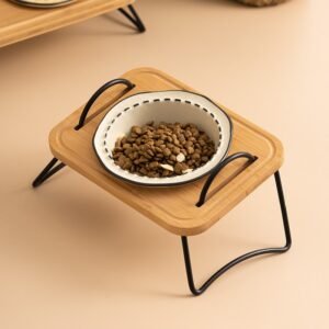 Pet Wooden Rack Multi-functional Ceramic Cat Bowl Anti-tumble Water Feeding Oblique Mouth Easy To Clean