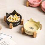 Elevated Ceramic Pet Bowls with Wooden Stand